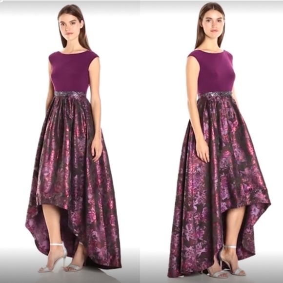 Adrianna Papell Mulberry Cap Sleeve Gown Jersey Top Metallic Printed High Low - Picture 3 of 11